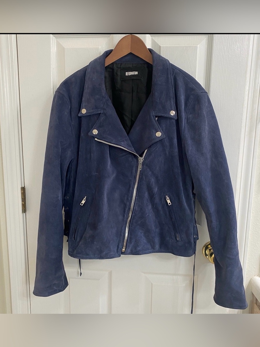 Reformation Dusty Navy Blue Suede Moto Jacket XL Motorcycle Biker Lace Up Sides